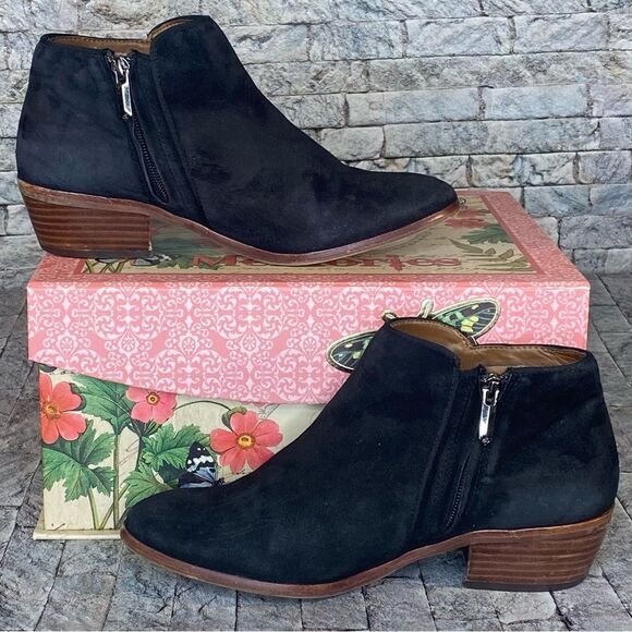 Sam Edelman Black Leather Suede Booties Womens Size 7.5 Side Zip Pointed Toe - Picture 3 of 8